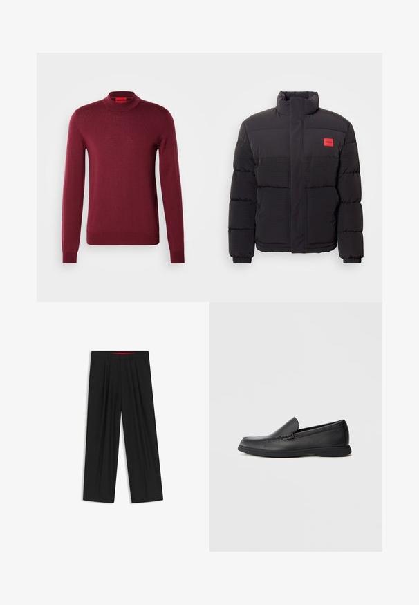 Zwarte pufferjack met hoge kraag, voorzakken en een rode "HUGO" logo patch op de linkerborst.; Bordeauxkleurige, langslijf trui in een geribbelde breistekstuur, voorzien van een hoge hals en een getailleerde pasvorm met een klein logo op de zoom.; Zwarte wijde broek met een vlakke voorkant, twee zijzakken, geplooid ontwerp en een contrasterende rode binnenband.; Zwarte leren instaploafer met een textuur bovenwerk, ronde neus, lage hak en rubberen zool, weergegeven in zijprofiel op een witte achtergrond.