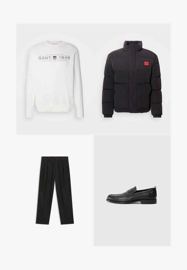 Czarna kurtka puchowa z wysokim kołnierzem, przednimi kieszeniami i czerwoną naszywką z logo "HUGO" na lewej piersi.; Biała bluza z długimi rękawami, okrągłym dekoltem i ściągaczami przy mankietach. Na przodzie znajduje się napis "GANT 1949" oraz logo w ciemnoniebieskim i czerwonym kolorze.; Czarne spodnie o plisowanym wzorze, szerokim kroju nogawek i gładkiej fakturze. Posiadają czerwony metek w pasie.; Czarne skórzane mokasyny z teksturowanym frontem i gładkimi bokami. Posiadają smukłą podeszwę i tylną pętelkę dla łatwego zakładania. Klasyczny design.
