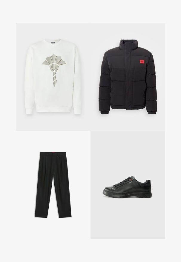 Giacca a vento nera con collo alto, tasche frontali e patch rosso con logo "HUGO" sul lato sinistro del petto.; Felpa bianca con un design centrato a guscio testurizzato in oro e argento metallizzato; presenta un colletto rotondo e polsini a coste.; Pantaloni neri con un design plissè, forma a gamba larga e texture liscia. Presentano un'etichetta rossa in vita.; Sneaker nera in pelle con superficie testurizzata, collo imbottito e dettaglio logo rosso. Presenta una suola in gomma spessa con un motivo di battistrada distintivo.