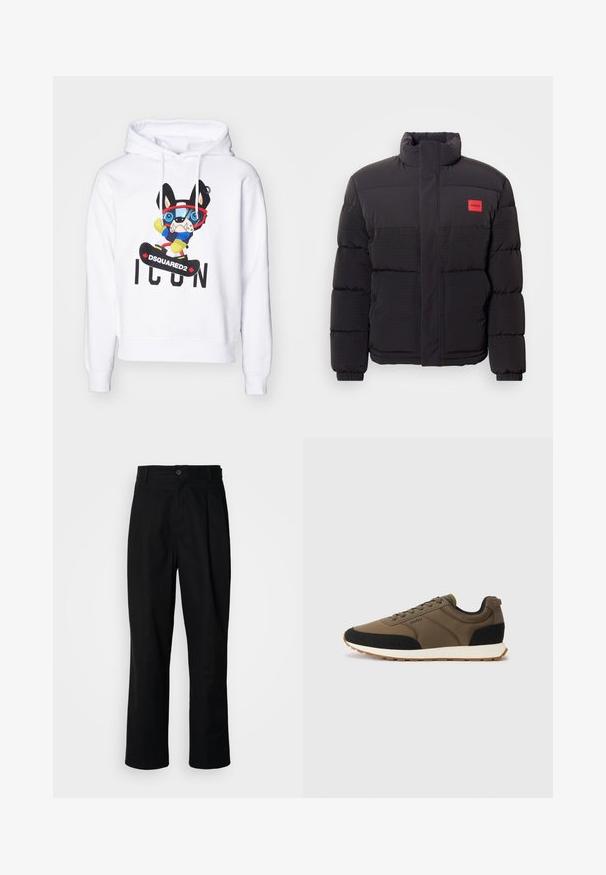 Giacca a vento nera con collo alto, tasche frontali e patch rosso con logo "HUGO" sul lato sinistro del petto.; Felpa bianca con cappuccio caratterizzata da un colorato cane dei cartoni animati che indossa occhiali, un maglione blu e guanti gialli, con la scritta "DSQUARED2 ICON" stampata sotto.; Pantaloni neri a gamba dritta con vita con bottoni, passanti per cintura e piega frontale, esposti su uno sfondo bianco semplice.; Sneakers da uomo caratterizzati da una combinazione di materiali sintetici verde oliva e neri, pannelli testurizzati e una suola in gomma bianca con un motivo di trazione.
