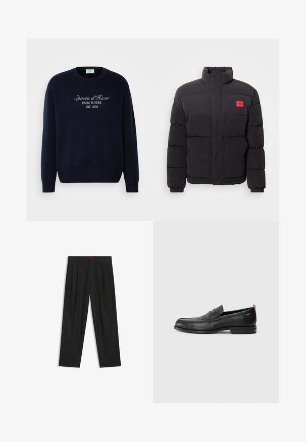 Sort puffjakke med højt krave, forlommer og rød "HUGO" logo patch på venstre bryst.; Marineblå sweater lavet af blødt stof, med en klassisk crew-neck og broderet tekst: "Sports d'Hiver FROM FUTURE EST. 2018."; Sorte bukser med plisseret design, bred benform og en glat tekstur. Har et rødt taljetag.; Sorte læder loafers med en tekstureret frontpanel og glatte sider. Har en slank hæl og en bageste løkke til nem påtagning. Klassisk design.