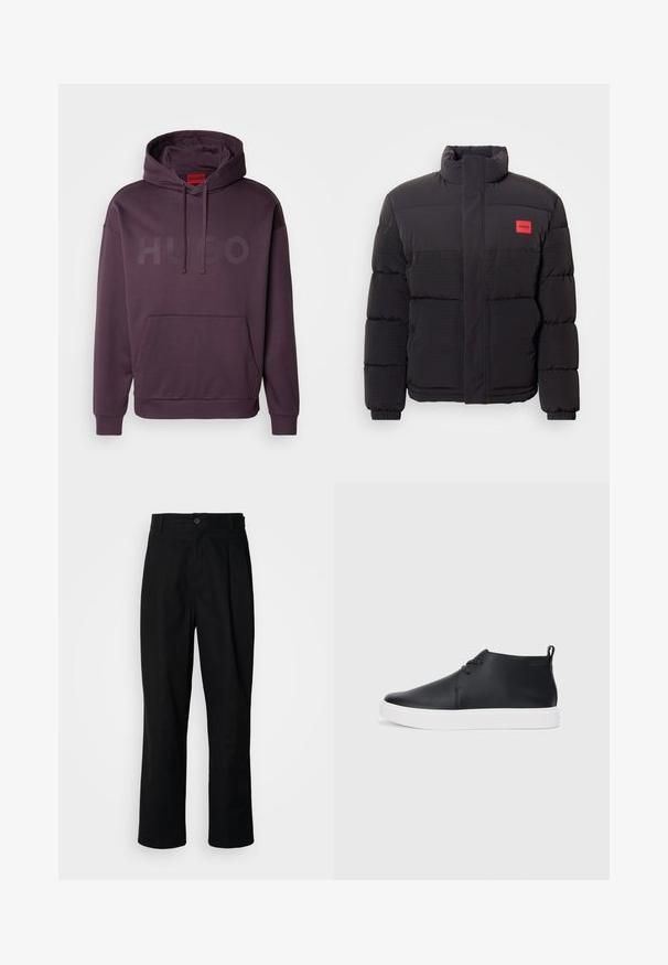 Black puffer jacket with high collar, front pockets, and red "HUGO" logo patch on left chest.; HUGO DITCHLE - Sweatshirt - open purple; Black straight-leg trousers with a buttoned waistband, belt loops, and front crease, displayed against a plain white background.; Black leather high-top sneakers with a smooth finish, white rubber sole, and simple lace-up design. Features a pull tab at the back.