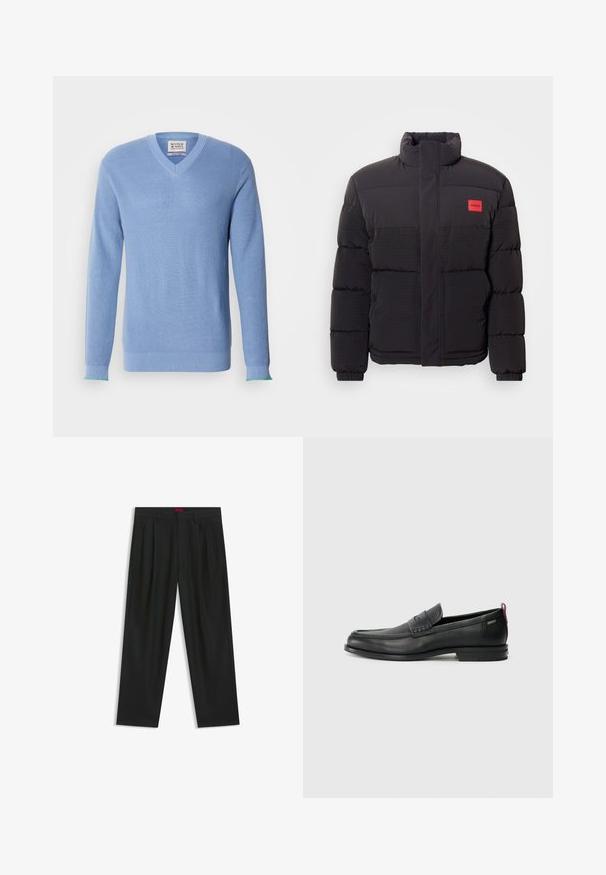 Zwarte pufferjack met hoge kraag, voorzakken en een rode "HUGO" logo patch op de linkerborst.; Lichtblauwe V-hals trui met ribbeltextuur, lange mouwen en contrasterende groene accenten aan de manchetten. Heeft een label aan de halslijn.; Zwarte broek met een geplooid ontwerp, wijde pijpen en een zachte textuur. Voorzien van een rode taillebandlabel.; Zwarte leren instappers met een textuur aan de voorkant en gladde zijden. Voorzien van een slanke hak en een lus aan de achterkant voor gemakkelijk aan- en uittrekken. Klassiek ontwerp.