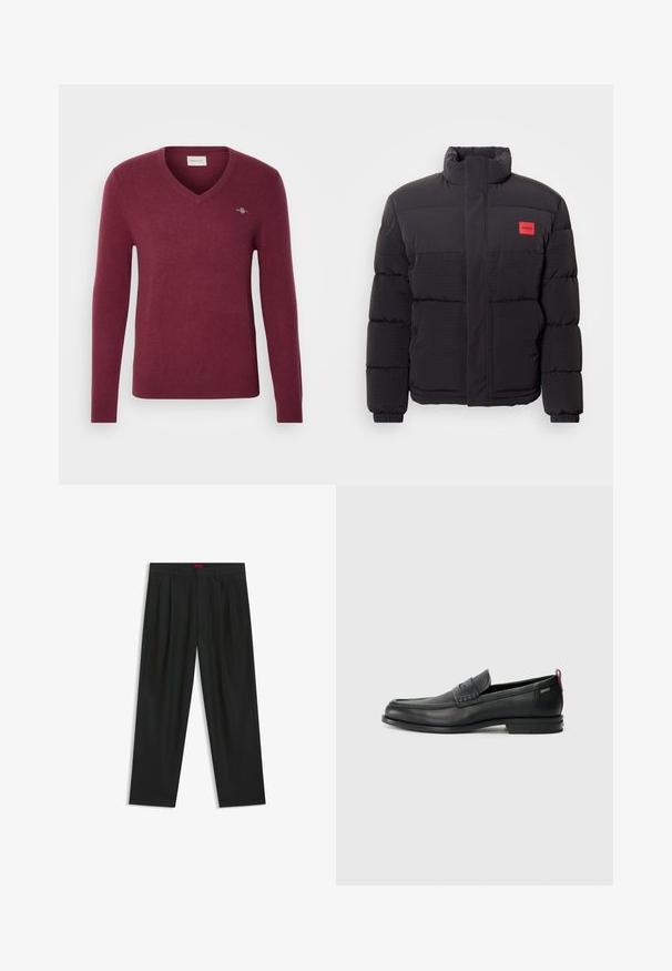 Schwarze Pufferjacke mit hohem Kragen, Fronttaschen und rotem "HUGO"-Logopatch auf der linken Brust.; Burgunderfarbener V-Ausschnitt-Pullover mit langen Ärmeln, gestrickter Textur, schmaler Schnitt und kleinem Logo auf der linken Brust. Weicher Stoff und gerippte Bündchen.; Schwarze Hose mit einem gefältelten Design, weiter Beinform und glatter Textur. Verfügt über ein rotes Taillenlabel.; Schwarze Lederloafers mit einem strukturierten Vorderteil und glatten Seiten. Sie verfügen über einen schmalen Absatz und eine Schlaufe an der Rückseite für einfaches Anziehen. Klassisches Design.