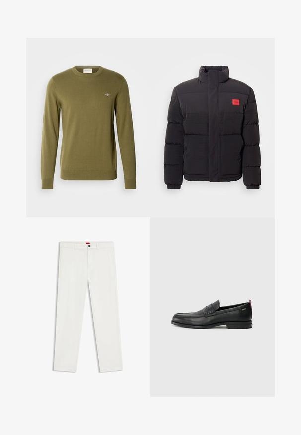 Doudoune noire avec col haut, poches avant et patch logo rouge "HUGO" sur la poitrine gauche.; Pull en tricot vert olive à col rond, manches longues, avec des poignets et un ourlet côtelés. Il présente un petit logo brodé sur la poitrine.; Pantalon blanc en tissu mélangé coton, avec une coupe droite, des poches avant et un bouton noir unique à la taille.; Mocassins en cuir noir avec un panneau avant texturé et des côtés lisses. Équipés d'un talon fin et d'une boucle à l'arrière pour un enfilage facile. Design classique.