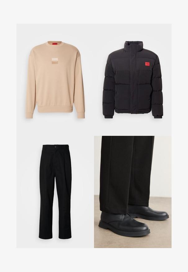 Melnā pūkainā jaka ar augstu apkakli, priekšējiem kabatām un sarkano "HUGO" logo uz kreisā krūškurvja.; Beidzīga krēmkrāsas džemperis ar apaļu kakla izgriezumu un ribotām piedurknēm. Priekšā ir neliels kvadrātslogo gaišās krāsās. Maigs, gluds tekstūra.; Melni taisni bikses ar pogu, jostu cilpiņām un priekšējo krokām, izliktas uz vienkārša balta fona.; Melni ādas apavi ar noapaļotu purngalu, platu zoli un minimālu apdari. Apvienoti ar pielāgotiem melniem biksēm, kas rāda gludu faktūru.