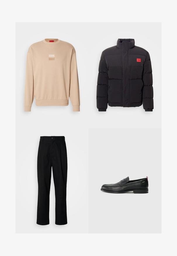 Melnā pūkainā jaka ar augstu apkakli, priekšējiem kabatām un sarkano "HUGO" logo uz kreisā krūškurvja.; Beidzīga krēmkrāsas džemperis ar apaļu kakla izgriezumu un ribotām piedurknēm. Priekšā ir neliels kvadrātslogo gaišās krāsās. Maigs, gluds tekstūra.; Melni taisni bikses ar pogu, jostu cilpiņām un priekšējo krokām, izliktas uz vienkārša balta fona.; Melni ādas loafers, ar teksturētu priekšējo paneli un gludām malām. Ar šauru papēdi un aizmugurējo cilpu vieglai uzlikšanai. Klasisks dizains.