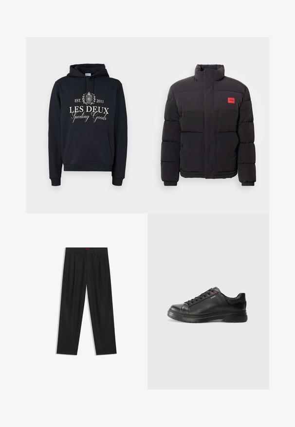 Giacca a vento nera con collo alto, tasche frontali e patch rosso con logo "HUGO" sul lato sinistro del petto.; Felpa navy in cotone, con tasca frontale, cappuccio regolabile con cordino e testo stampato bianco: "LES DEUX Sporting Goods EST. 2011."; Pantaloni neri con un design plissè, forma a gamba larga e texture liscia. Presentano un'etichetta rossa in vita.; Sneaker nera in pelle con superficie testurizzata, collo imbottito e dettaglio logo rosso. Presenta una suola in gomma spessa con un motivo di battistrada distintivo.