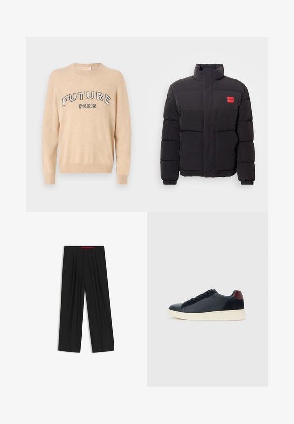 Black puffer jacket with high collar, front pockets, and red "HUGO" logo patch on left chest.; Beige sweater made of soft material, featuring a round neckline, long sleeves, and the text "FUTURE PARIS" in dark lettering across the chest.; Black wide-leg trousers with a flat front, two side pockets, pleated design, and a contrasting red interior waistband.; Low-top men's sneaker in black leather and suede with maroon heel tab and white rubber sole, viewed from the outer side.