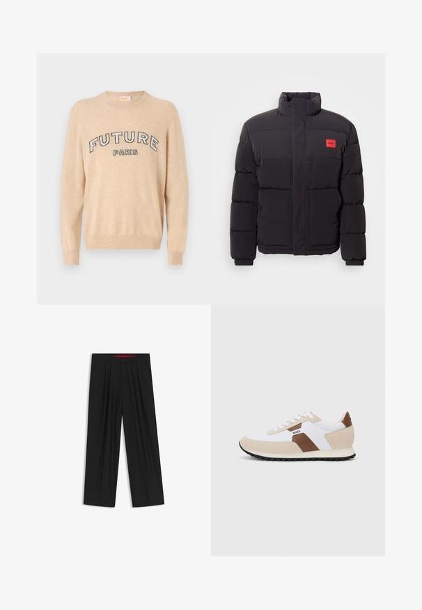 Giacca a vento nera con collo alto, tasche frontali e patch rosso con logo "HUGO" sul lato sinistro del petto.; Maglione beige realizzato in materiale morbido, con scollatura rotonda, maniche lunghe e la scritta "FUTURE PARIS" in caratteri scuri sul petto.; Pantaloni neri a gamba larga con fronte piatto, due tasche laterali, design plissettato e un elastico in vita di colore rosso a contrasto.; Sneakers con una combinazione di rete bianca e suede beige, accentuati da dettagli in pelle marrone. Punta rotonda, suola in gomma piatta e design con lacci.