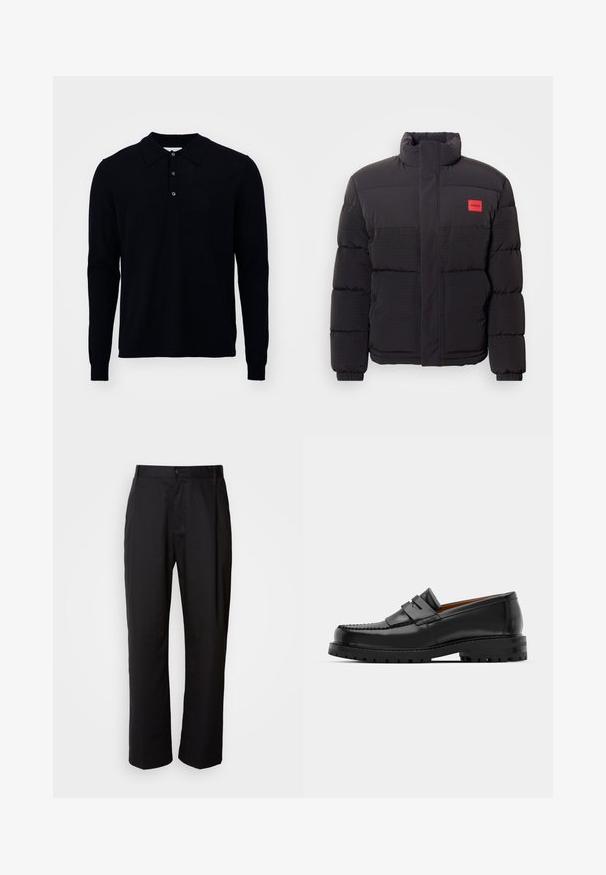 Black puffer jacket with high collar, front pockets, and red "HUGO" logo patch on left chest.; Long-sleeve polo shirt in dark navy, made from fine knit fabric. Features a collar, three-button placket, and ribbed cuffs.; Black trousers with a straight cut, made of lightweight fabric. Features a front button closure and two side pockets; smooth texture.; Black leather loafers feature a raised seam, two decorative straps on the upper, and a thick textured sole for added grip.
