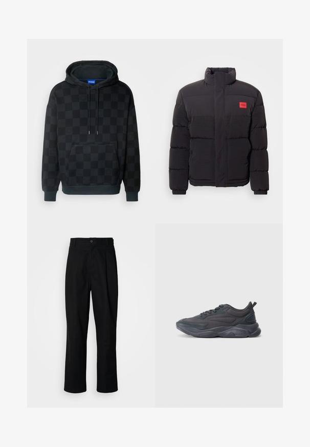 Black puffer jacket with high collar, front pockets, and red "HUGO" logo patch on left chest.; HUGO NEVALP - Hoodie - black; Black straight-leg trousers with a buttoned waistband, belt loops, and front crease, displayed against a plain white background.; Black athletic shoes with a mesh and synthetic upper, featuring a rounded toe, textured sole, and prominent brand logo on the heel.