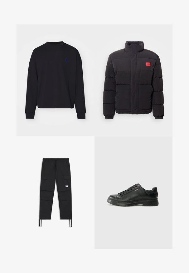 Černá puffa bunda s vysokým límcem, předními kapsami a červeným logem "HUGO" na levém hrudníku.; Černá mikina vyrobená z bavlny, s kulatým výstřihem a volným střihem. Na hrudi je malé modré vyšití logo.; Černé cargo kalhoty s elastickým pasem na šňůrku, několika kapsami, elastickými manžetami a decentní nášivkou s logem. Vyrobeno z lehké tkaniny.; Černé kožené tenisky s texturovaným svrškem, polstrovaným límcem a červeným logem. Disponují tlustou gumovou podrážkou s výrazným vzorem.