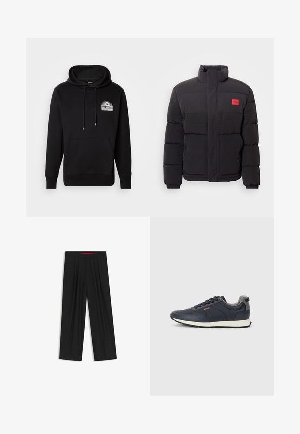 Giacca a vento nera con collo alto, tasche frontali e patch rosso con logo "HUGO" sul lato sinistro del petto.; Felpa nera con tasca frontale, cordini e un logo bianco con un design a sole. Realizzata in tessuto morbido con polsini a costine.; Pantaloni neri a gamba larga con fronte piatto, due tasche laterali, design plissettato e un elastico in vita di colore rosso a contrasto.; Sneakers blu navy con una parte superiore in sintetico liscio, punta arrotondata, accenti grigi, design con lacci e una suola intermedia bianca con suola esterna nera testurizzata.