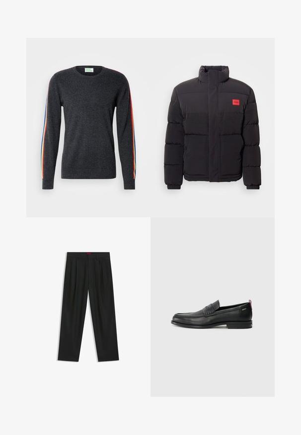 Sort puffjakke med højt krave, forlommer og rød "HUGO" logo patch på venstre bryst.; Mørkegrå sweater med lange ærmer, der har regnbuefarvede striber langs skuldrene. Lavet af blødt stof med rund halsudskæring.; Sorte bukser med plisseret design, bred benform og en glat tekstur. Har et rødt taljetag.; Sorte læder loafers med en tekstureret frontpanel og glatte sider. Har en slank hæl og en bageste løkke til nem påtagning. Klassisk design.