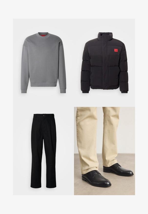 Svart dunjakke med høy krage, frontlommer, og rød "HUGO" logo-patch på venstre bryst.; HUGO DAPOCREW - Sweatshirt - open grey; Sorte bukser med rette ben, med knappet liv, belteholdere og frontfold, vist mot en enkel hvit bakgrunn.; Sorte lær snøresko med rund tå, glat overflade og subtile syninger, båret med lysebeige bukser.