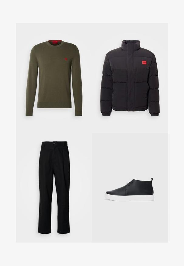 Black puffer jacket with high collar, front pockets, and red "HUGO" logo patch on left chest.; HUGO SAN CASSIUS - Jumper - dark beige; Black straight-leg trousers with a buttoned waistband, belt loops, and front crease, displayed against a plain white background.; Black leather high-top sneakers with a smooth finish, white rubber sole, and simple lace-up design. Features a pull tab at the back.