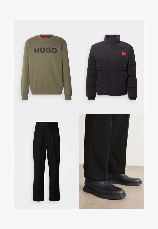 Musta untuvahattu, jossa on korkea kaulus, etutaskut ja punainen "HUGO" -logopatchi vasemmassa rinnassa.; HUGO DEM - Collegepaita - dark beige; Mustat suorat housut napillisella vyötäröllä, vyölenkeillä ja etukaanneksilla, esitelty vaaleaa taustaa vasten.; Mustat nahkakengät, joissa on pyöreä kärki, litteä pohja ja minimaalinen koristelu. Yhdistettyihin korkealaatuisesti tehtyihin mustiin housuihin, jotka näyttävät sileiltä.