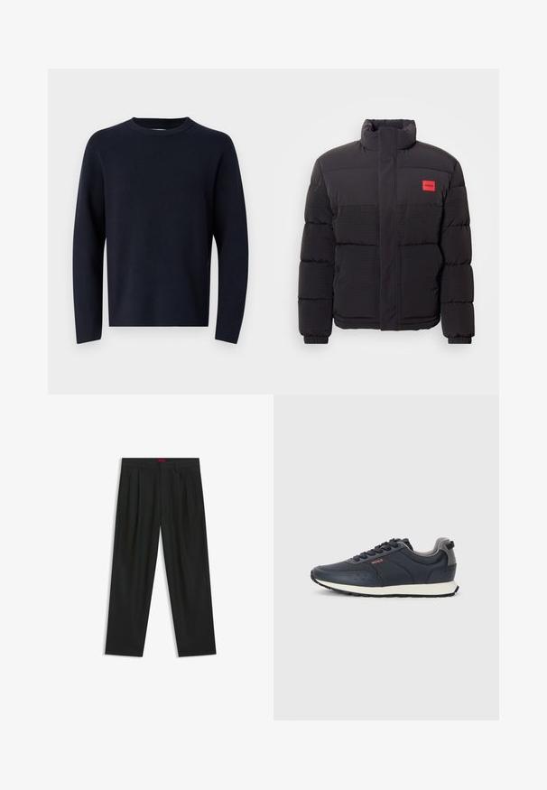 Doudoune noire avec col haut, poches avant et patch logo rouge "HUGO" sur la poitrine gauche.; Pull en bleu marine, col rond, manches longues, fabriqué en tissu doux avec une texture lisse. Design simple, sans motifs ni quincaillerie visibles.; Pantalons noirs avec un design plissé, une coupe large et une texture lisse. Présente une étiquette de taille rouge.; Baskets bleu marine avec une tige synthétique lisse, bout rond, accents gris, design à lacets, et une semelle intermédiaire blanche avec une semelle extérieure noire texturée.