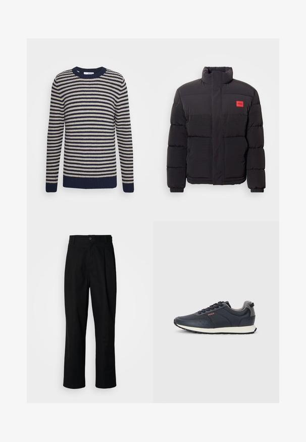 Casaco puffer preto com gola alta, bolsos frontais e patch do logótipo "HUGO" vermelho no lado esquerdo do peito.; Selected Homme SLHDAVIS CREW NECK - Camisola - navy blazer/cloud dancer; Calças pretas de perna reta com uma cintura abotoada, passantes para cinto e vinco frontal, expostas contra um fundo branco liso.; Ténis azul-marinho com um cabedal sintético liso, bico arredondado, detalhes em cinza, design de atacadores e uma entressola branca com uma sola exterior texturizada em preto.