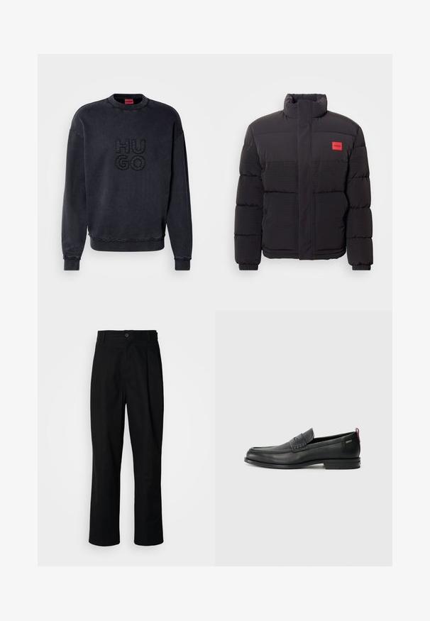 Casaco puffer preto com gola alta, bolsos frontais e patch do logótipo "HUGO" vermelho no lado esquerdo do peito.; Sweatshirt preto com gola redonda, apresentando o logotipo "HUGO" em relevo. Textura suave, punhos e barra canelados, ajuste casual.; Calças pretas de perna reta com uma cintura abotoada, passantes para cinto e vinco frontal, expostas contra um fundo branco liso.; Mocassins de couro pretos com um painel frontal texturizado e laterais lisas. Apresentam um salto fino e uma alça na parte de trás para fácil colocação. Design clássico.