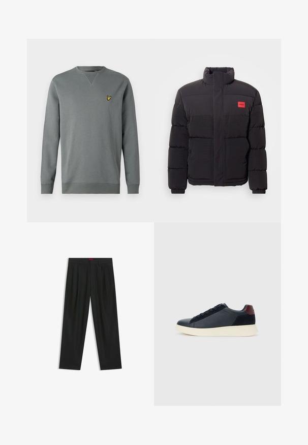Giacca a vento nera con collo alto, tasche frontali e patch rosso con logo "HUGO" sul lato sinistro del petto.; Felpa grigia con maniche lunghe e collo a giro. Presenta un piccolo logo giallo sul petto sinistro. Tessuto morbido e strutturato con polsini a costine.; Pantaloni neri con un design plissè, forma a gamba larga e texture liscia. Presentano un'etichetta rossa in vita.; Sneaker da uomo a basso profilo in pelle nera e suede con linguetta sul tallone color bordeaux e suola in gomma bianca, vista dal lato esterno.