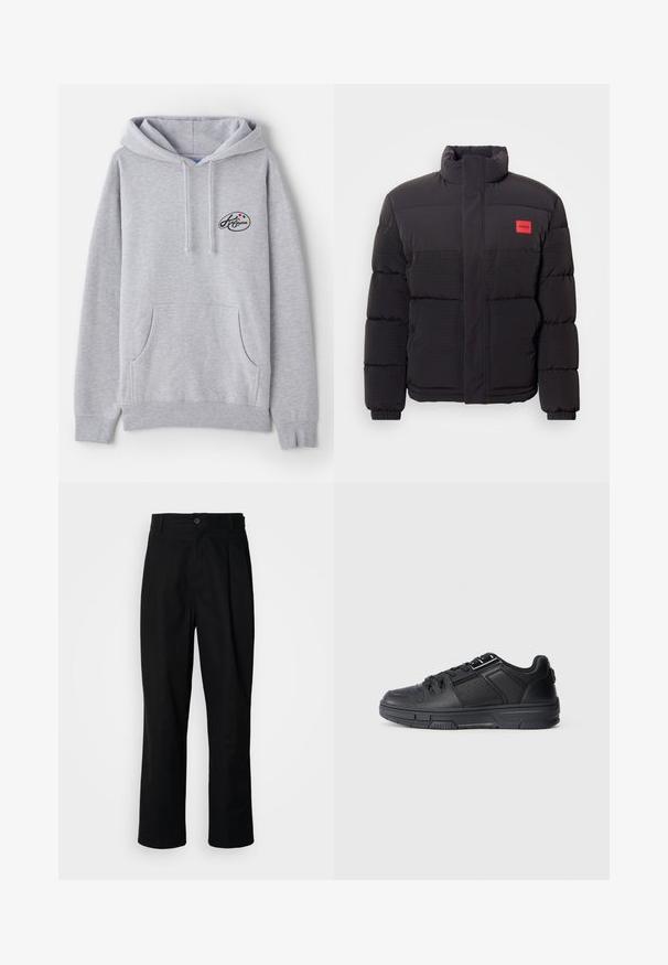 Fekete puffermellény magas gallérral, elülső zsebekkel és piros "HUGO" logóval a bal mellrészen.; Világosszürke kapucnis pulcsi, pamut keverékből készült. Kenguruzsebb, húzózsinórok és egy kis logó színes díszítéssel a mellrészen.; Fekete egyenes szabású nadrág gombos derékkal, övrutakkal és elülső gyűrődéssel, egy sima fehér háttér előtt.; Fekete sportcipő sima bőr felsőrésszel, texturált elemekkel, perforált részletekkel és lapos profilú gumitalppal.