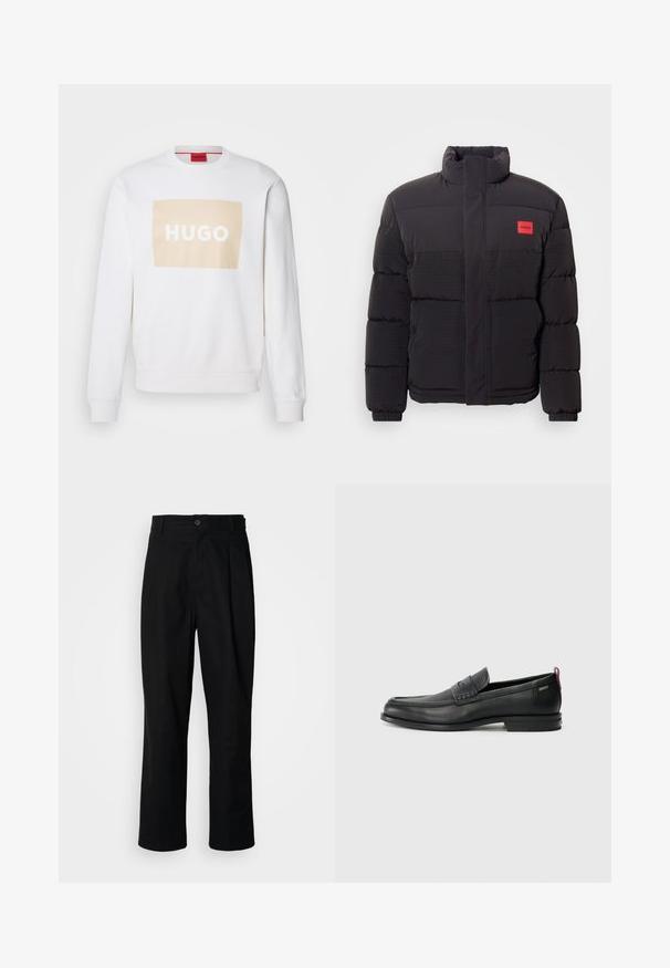 Black puffer jacket with high collar, front pockets, and red "HUGO" logo patch on left chest.; White sweatshirt with a pastel beige rectangular logo that says "HUGO" in white. Features a crew neck and ribbed cuffs. Soft, textured fabric.; Black straight-leg trousers with a buttoned waistband, belt loops, and front crease, displayed against a plain white background.; Black leather loafers with a textured front panel and smooth sides. Features a slim heel and rear loop for easy wear. Classic design.