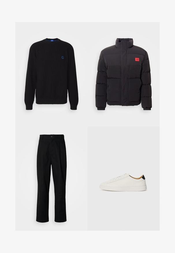 Giacca a vento nera con collo alto, tasche frontali e patch rosso con logo "HUGO" sul lato sinistro del petto.; Maglione nero lavorato a maglia con scollo rotondo, polsini e orlo a costine, caratterizzato da un logo blu sul petto. Texture liscia, vestibilità casual.; Pantaloni neri a gamba dritta con vita con bottoni, passanti per cintura e piega frontale, esposti su uno sfondo bianco semplice.; Sneaker bianca con tomaia in pelle liscia, punta rotonda e suola piatta. Accentatura nera sul tallone, con lacci tono su tono e branding minimale.