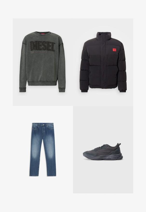 Μαύρο μπουφάν με ψηλό γιακά, μπροστινές τσέπες και κόκκινο λογότυπο "HUGO" στην αριστερή πλευρά του στήθους.; Σκούρο γκρι μακρυμάνικο φούτερ με ριμπ μανσέτες και τελείωμα, που διαθέτει μεγάλα μαύρα γράμματα "DIESEL" και μικρότερη ένδειξη "For Successful Living" από κάτω.; Τζιν παντελόνι με σχέδιο ρίγας, μέτριου μπλε χρώματος, με ξεθωριασμένα τμήματα, ίσια γραμμή, πέντε τσέπες και κούμπωμα με μεταλλικό κουμπί.; Μαύρα αθλητικά παπούτσια με άνω μέρος από πλέγμα και συνθετικά υλικά, με στρογγυλή μύτη, υφασμένη σόλα και έντονο λογότυπο μάρκας στην φτέρνα.