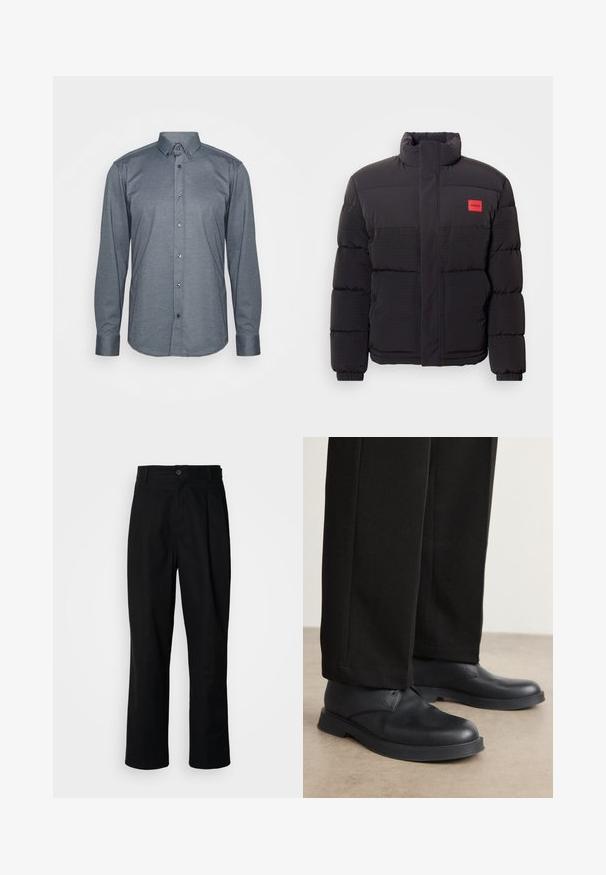 Čierna puffjacka s vysokým golierom, prednými vreckami a červenou nášivkou "HUGO" na ľavom prsníku.; Košeľa s dlhým rukávom v tmavošedej farbe, s golierom, prednými gombíkmi a manžetami. Hladká textúra a priliehavý strih.; Čierne nohavice s rovnými nohavicami, s gombíkovým pásom, pútkami na opasok a predným záhybom, vystavené na jednoduchej bielej pozadí.; Čierne kožené topánky s okrúhlou špičkou, plochou podrážkou a minimálnym ozdobením. V kombinácii s jemne strihanými čiernymi nohavicami, ktoré ukazujú hladkú textúru.