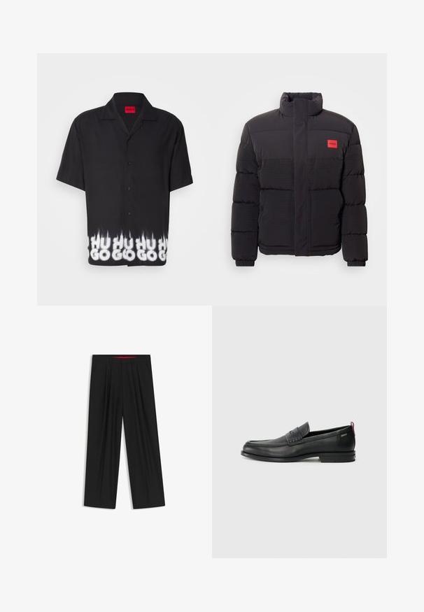 Schwarze Pufferjacke mit hohem Kragen, Fronttaschen und rotem "HUGO"-Logopatch auf der linken Brust.; Schwarzes Kurzarmhemd mit Knopfleiste, das am Saum ein grafisches Design in Weiß und Grau aufweist, welches "HU GO" in einem flammenartigen Muster zeigt.; Schwarze weit geschnittene Hosen mit flachem Bund, zwei seitlichen Taschen, gefaltetem Design und einem kontrastierenden roten Innenbund.; Schwarze Lederloafers mit einem strukturierten Vorderteil und glatten Seiten. Sie verfügen über einen schmalen Absatz und eine Schlaufe an der Rückseite für einfaches Anziehen. Klassisches Design.