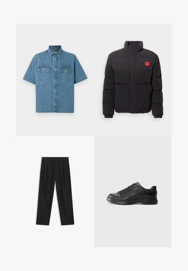 Schwarze Pufferjacke mit hohem Kragen, Fronttaschen und rotem "HUGO"-Logopatch auf der linken Brust.; Kurzärmliges Jeanshemd in Hellblau, mit zwei Brusttaschen mit Knopfverschlüssen, einem spitzen Kragen und einer durchgehenden Knopfleiste.; Schwarze Hose mit einem gefältelten Design, weiter Beinform und glatter Textur. Verfügt über ein rotes Taillenlabel.; Schwarze Leder-Sneaker mit strukturiertem Obermaterial, gepolstertem Kragen und rotem Logo-Detail. Verfügt über eine dicke Gummisohle mit markantem Profil.