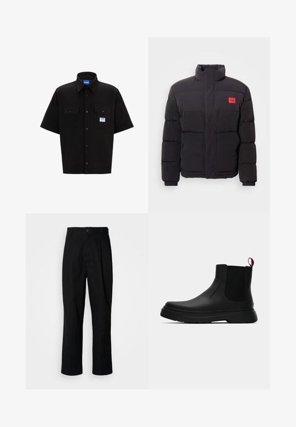 Black puffer jacket with high collar, front pockets, and red "HUGO" logo patch on left chest.; Black short-sleeve shirt with a structured collar, two front pockets, button closure, and a small blue and white logo tag on the left side.; Black straight-leg trousers with a buttoned waistband, belt loops, and front crease, displayed against a plain white background.; Black ankle boot with a smooth finish, elastic side panels, and a contrasting red pull tab, featuring a thick rubber sole and rounded toe.