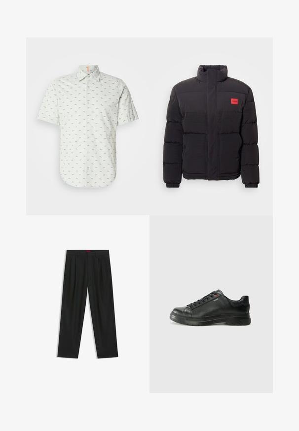 Zwarte pufferjack met hoge kraag, voorzakken en een rode "HUGO" logo patch op de linkerborst.; Korte mouwen overhemd met knoopsluiting in lichtgroen met een patroon van kleine zwarte vissen. Beschikt over een klassieke kraag en een enkele oranje accentdetail.; Zwarte broek met een geplooid ontwerp, wijde pijpen en een zachte textuur. Voorzien van een rode taillebandlabel.; Zwarte leren sneaker met een gestructureerde bovenkant, gevoerde kraag en rode logo-details. Heeft een dikke rubberen zool met een opvallend loopvlakpatroon.
