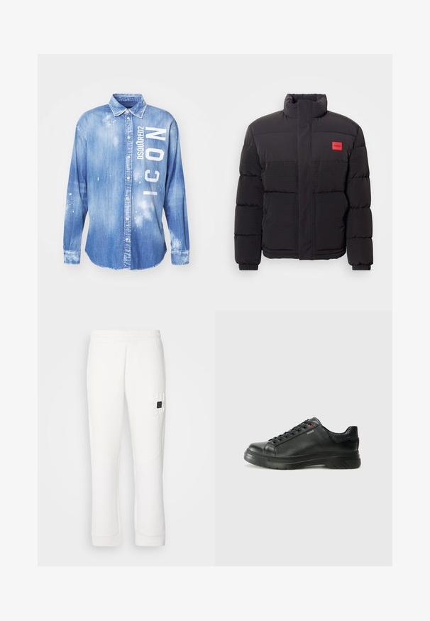 Casaco puffer preto com gola alta, bolsos frontais e patch do logótipo "HUGO" vermelho no lado esquerdo do peito.; Camisa de ganga azul-claro com fecho de botão frontal, mangas longas, colarinho e texto impresso a branco "DSQUARED2 ICON" com detalhes de respingos de tinta.; Calças de moletão brancas com cintura elástica, pernas ajustadas, tecido texturizado e logotipo em relevo "HUGO" na coxa esquerda.; Sapatilha preta em couro com parte superior texturizada, colarinho acolchoado e detalhe do logótipo vermelho. Apresenta uma sola de borracha espessa com padrão de pisada distinto.