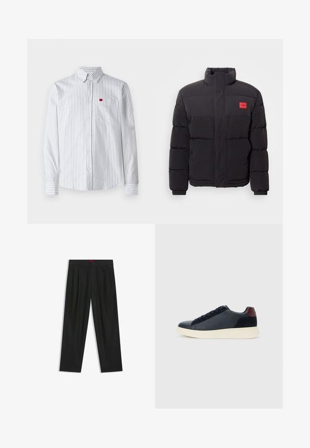 Musta untuvahattu, jossa on korkea kaulus, etutaskut ja punainen "HUGO" -logopatchi vasemmassa rinnassa.; Napapijanahka vaaleanharmaan ja valkoisen pystyraitaisen nappipaidan rintataskulla, jossa on pieni punainen logo-merkki vasemmalla puolella.; Mustat housut, joissa on poimutettu muotoilu, leveä lahjetyyppi ja sileä pinta. Varustettu punaisella vyötärötagilla.; Miestne bežecké tenisky s nízkym strihom v čiernej koži a semišovej úprave s bordovým jazykom a bielou gumovou podrážkou, pohľad z vonkajšej strany.