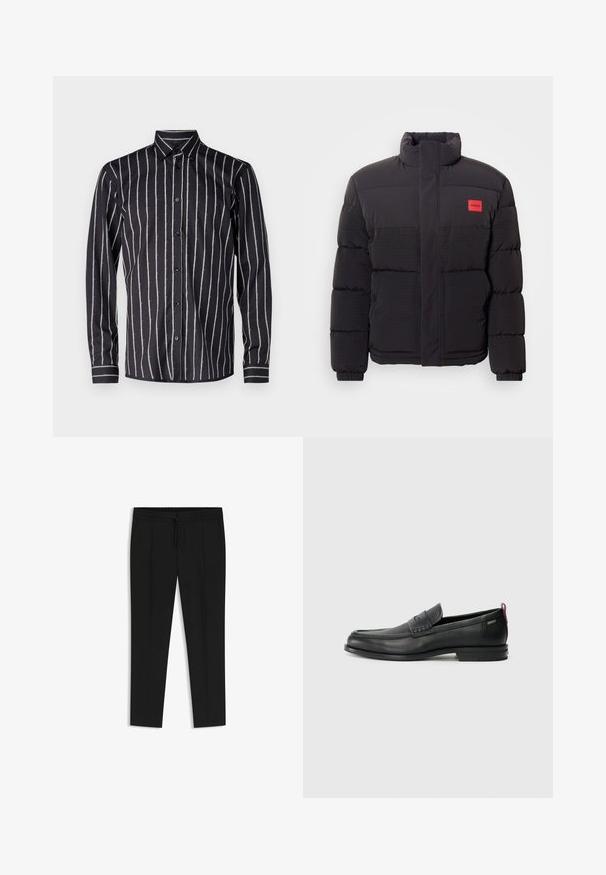 Schwarze Pufferjacke mit hohem Kragen, Fronttaschen und rotem "HUGO"-Logopatch auf der linken Brust.; Bruuns Bazaar VANIGILLY SHIRT - Hemd - black; Schwarze Hose mit einem Kordelzugbund, gefaltetem Vorderteil, schmal zulaufendem Bein und glatter Stoffoberfläche. Keine zusätzlichen Muster oder Details.; Schwarze Lederloafers mit einem strukturierten Vorderteil und glatten Seiten. Sie verfügen über einen schmalen Absatz und eine Schlaufe an der Rückseite für einfaches Anziehen. Klassisches Design.