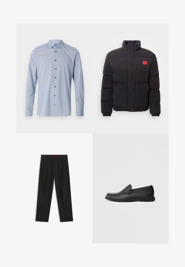 Black puffer jacket with high collar, front pockets, and red "HUGO" logo patch on left chest.; Light blue long-sleeve shirt featuring a geometric pattern, button-down collar, and contrasting blue buttons over a textured fabric.; Black trousers with a pleated design, wide leg shape, and a smooth texture. Features a red waistband tag.; Black leather slip-on loafer with textured upper, rounded toe, low heel, and rubber sole, shown in side profile on white background.