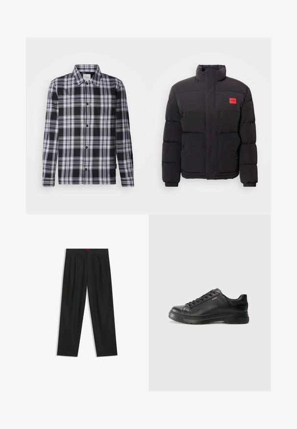 Doudoune noire avec col haut, poches avant et patch logo rouge "HUGO" sur la poitrine gauche.; Chemise à carreaux noir et blanc à manches longues, avec un devant à boutons et un col standard. Tissu doux avec une texture lisse.; Pantalons noirs avec un design plissé, une coupe large et une texture lisse. Présente une étiquette de taille rouge.; Sneaker en cuir noir avec une tige texturée, un col rembourré et un détail de logo rouge. Caractéristiques d'une épaisse semelle en caoutchouc avec un motif de semelle distinct.
