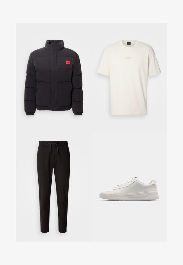 Black puffer jacket with high collar, front pockets, and red "HUGO" logo patch on left chest.; BOSS TEE - Basic T-shirt - open white; Black pants with an elastic waistband and drawstring, featuring a narrow tapered fit and smooth, lightweight fabric.; White sneakers with a smooth leather upper, round toe, lace-up closure, and a thick rubber sole. Subtle logo on the side.