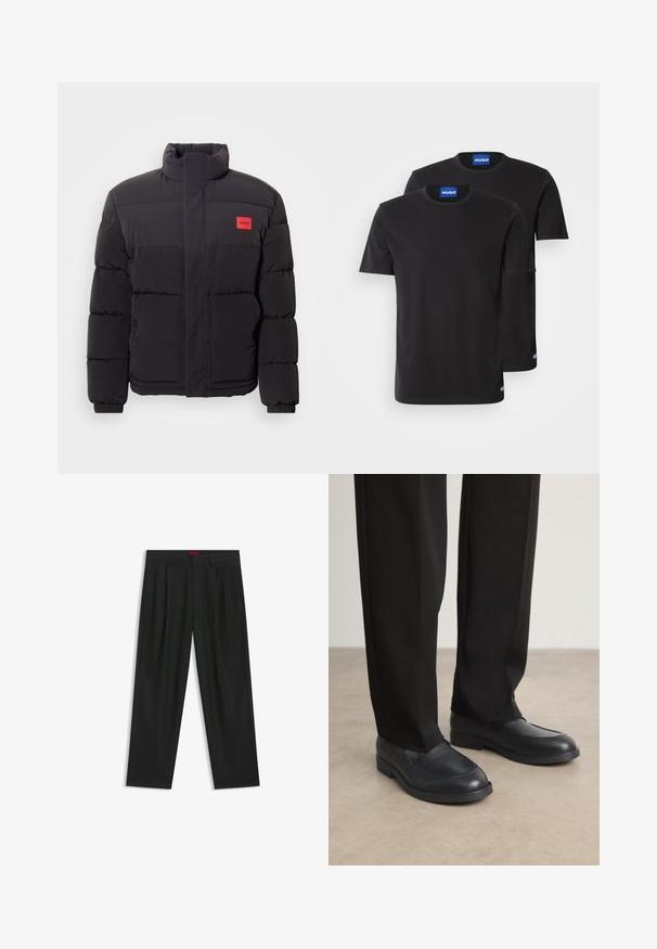 Svart puffjacka med hög krage, framfickor och röd "HUGO" logotyp patch på vänster bröst.; Två svarta bomullströjor med rund hals, korta ärmar och blå "HUGO"-etiketter på kragarna och sidorna.; Svarta byxor med vikta detaljer, bred benform och en slät textur. Har en röd midjebandsetikett.; Calvin Klein Slip-ins - black