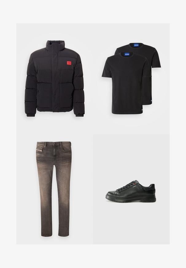 Fekete puffermellény magas gallérral, elülső zsebekkel és piros "HUGO" logóval a bal mellrészen.; Két fekete pamut póló kerek nyakkivágással, rövid ujjakkal és kék "HUGO" felirattal a gallérokon és az oldalsó szegélyeken.; Feszes farmerek megfakult fekete színben, öt zsebet, övhurkokat és cipzáras felső részt tartalmaznak. Az anyag enyhe textúrával rendelkezik, finom gyűrődéssel.; Fekete bőr sportcipő, textúrált felsőrésszel, párnázott bokarésszel és piros logóval. Vastag gumitalppal rendelkezik, amely jellegzetes futási mintázattal bír.