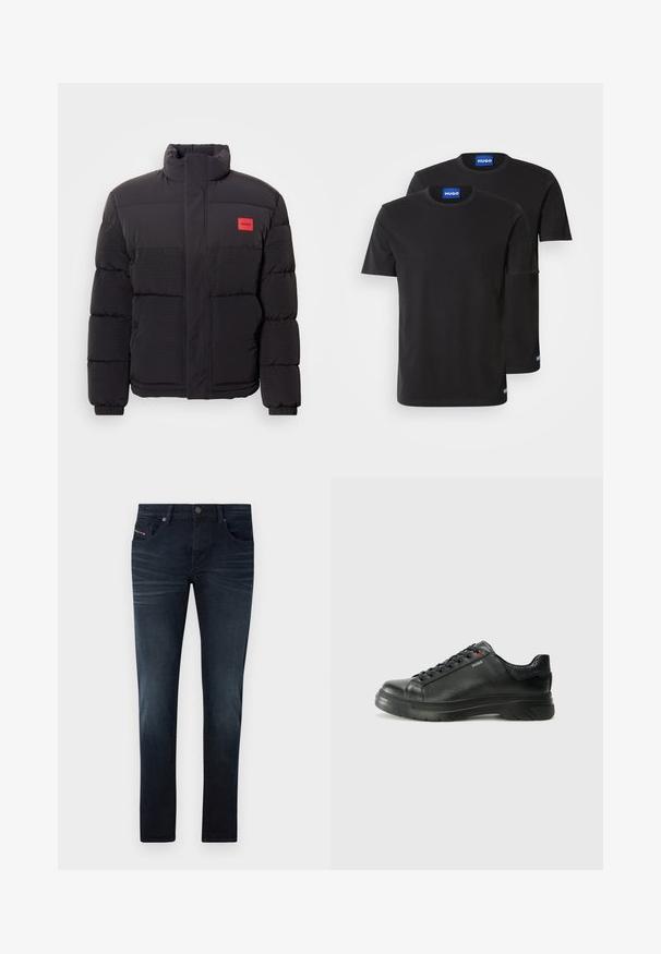 Musta untuvahattu, jossa on korkea kaulus, etutaskut ja punainen "HUGO" -logopatchi vasemmassa rinnassa.; Kaksi mustaa puuvillapaitaa, joissa on pyöreät kaula-aukot, lyhyet hihat ja siniset "HUGO" -tarrat kaula-aukossa ja sivusaumassa.; Tummansiniset farkut slim fit -leikkauksella, joissa on viisi taskua, hienovaraisia kulumia ja metallinen nappikiinnitys vyötäröllä.; Musta nahkakengät, joissa on teksturoidun pinnan, pehmustettu kaulus ja punainen logo. Kengissä on paksu kumipohja, jossa on selkeä uramalli.