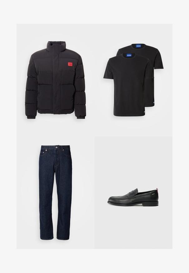 Black puffer jacket with high collar, front pockets, and red "HUGO" logo patch on left chest.; Two black cotton T-shirts with round necklines, short sleeves, and blue "HUGO" labels on the collars and side hems.; Dark blue denim jeans with a straight-leg design, featuring five pockets, a button closure, and subtle stitching accents.; Black leather loafers with a textured front panel and smooth sides. Features a slim heel and rear loop for easy wear. Classic design.