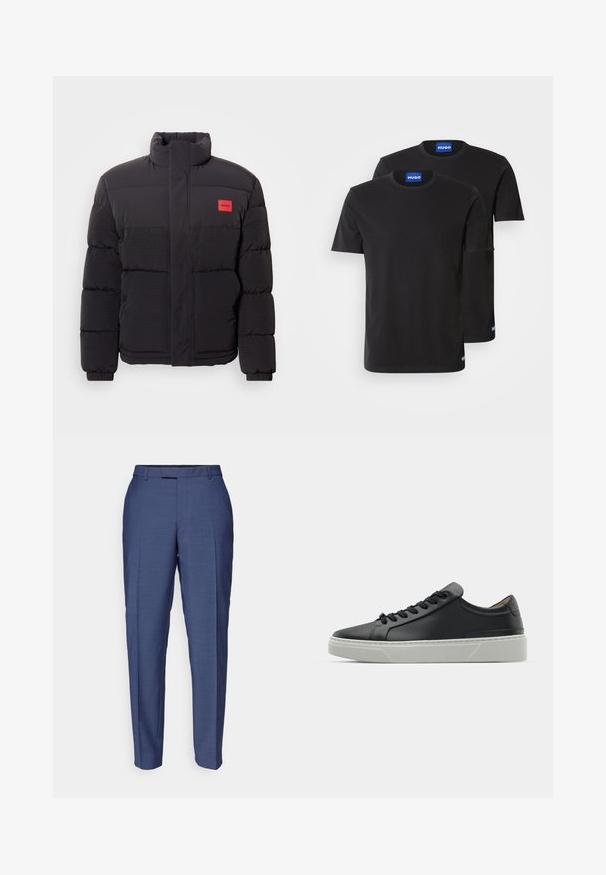 Černá puffa bunda s vysokým límcem, předními kapsami a červeným logem "HUGO" na levém hrudníku.; Dvě černé bavlněné trička s kulatými výstřihy, krátkými rukávy a modrými štítky "HUGO" na límci a bočních lemech.; Modré kalhoty na míru vyrobené z texturované tkaniny. Mají plochý přední díl, poutka na opasek a úzký střih s zúženými nohavicemi.; Černé kožené tenisky s hladkým povrchem, kulatou špičkou a černými šňůrkami. Disponují silnou bílou gumovou podrážkou s jemnými geometrickými akcenty.