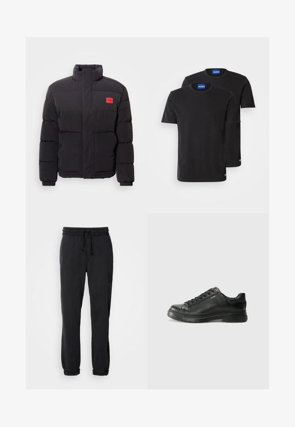 Fekete puffermellény magas gallérral, elülső zsebekkel és piros "HUGO" logóval a bal mellrészen.; Két fekete pamut póló kerek nyakkivágással, rövid ujjakkal és kék "HUGO" felirattal a gallérokon és az oldalsó szegélyeken.; Fekete melegítőnadrág elasztikus derékkal és húzózsinórral. Ráncolt szegélyek és egy diszkrét hímzett logo a bal lábon. Puha szövet textúra.; Fekete bőr sportcipő, textúrált felsőrésszel, párnázott bokarésszel és piros logóval. Vastag gumitalppal rendelkezik, amely jellegzetes futási mintázattal bír.