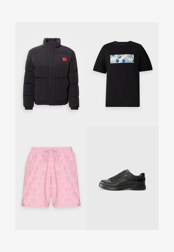 Black puffer jacket with high collar, front pockets, and red "HUGO" logo patch on left chest.; Black cotton t-shirt featuring a rectangular graphic in blue and cream with circular patterns and doodles, designed for a relaxed fit.; Pink shorts with an elastic waistband and drawstring; features a textured pattern of logos and symbols across the fabric.; Black leather sneaker with textured upper, padded collar, and red logo detail. Features a thick rubber sole with distinct tread pattern.