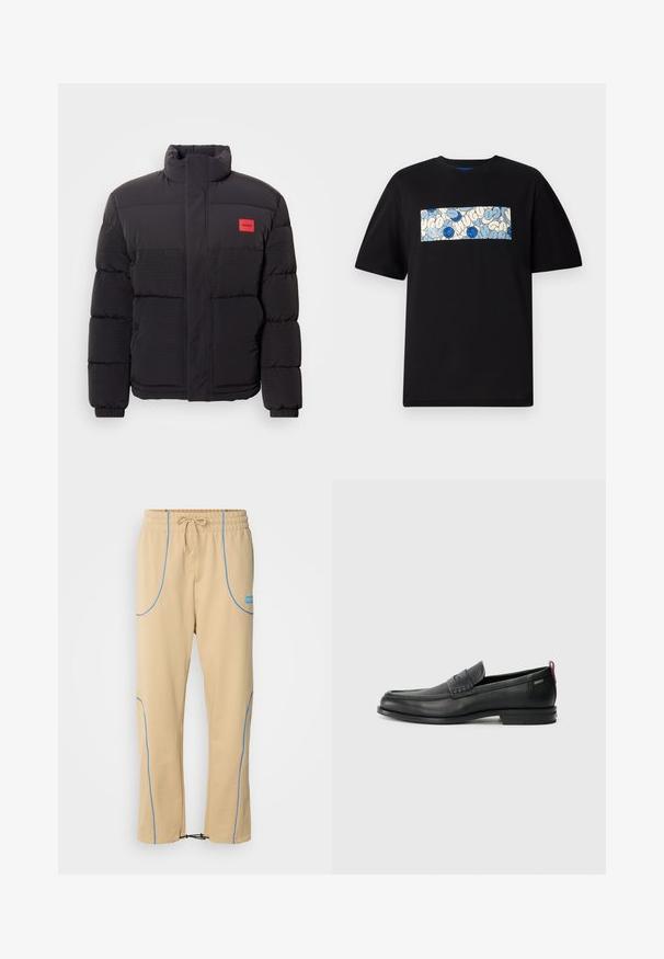 Črna puffer jakna z visokim ovratnikom, sprednjimi žepi in rdečim logotipom "HUGO" na levi prsi.; Črna bombažna majica s pravokotnim grafičnim vzorcem v modri in smetani barvi, ki vsebuje krožne vzorce in risbice, zasnovana za sproščen kroj.; HUGO NIPIPEPANT - Spodnji deli trenirk - medium beige; Črne usnjene loafer čevlje z teksturiranim sprednjim delom in gladkimi stranmi. Imajo ozko peto in zadnji zanko za enostavno obuvanje. Klasična zasnova.