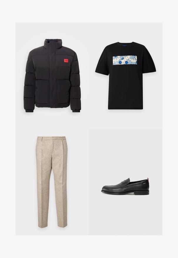 Black puffer jacket with high collar, front pockets, and red "HUGO" logo patch on left chest.; Black cotton t-shirt featuring a rectangular graphic in blue and cream with circular patterns and doodles, designed for a relaxed fit.; Beige tailored trousers made from textured fabric, featuring two front pleats, belt loops, and a straight leg design.; Black leather loafers with a textured front panel and smooth sides. Features a slim heel and rear loop for easy wear. Classic design.